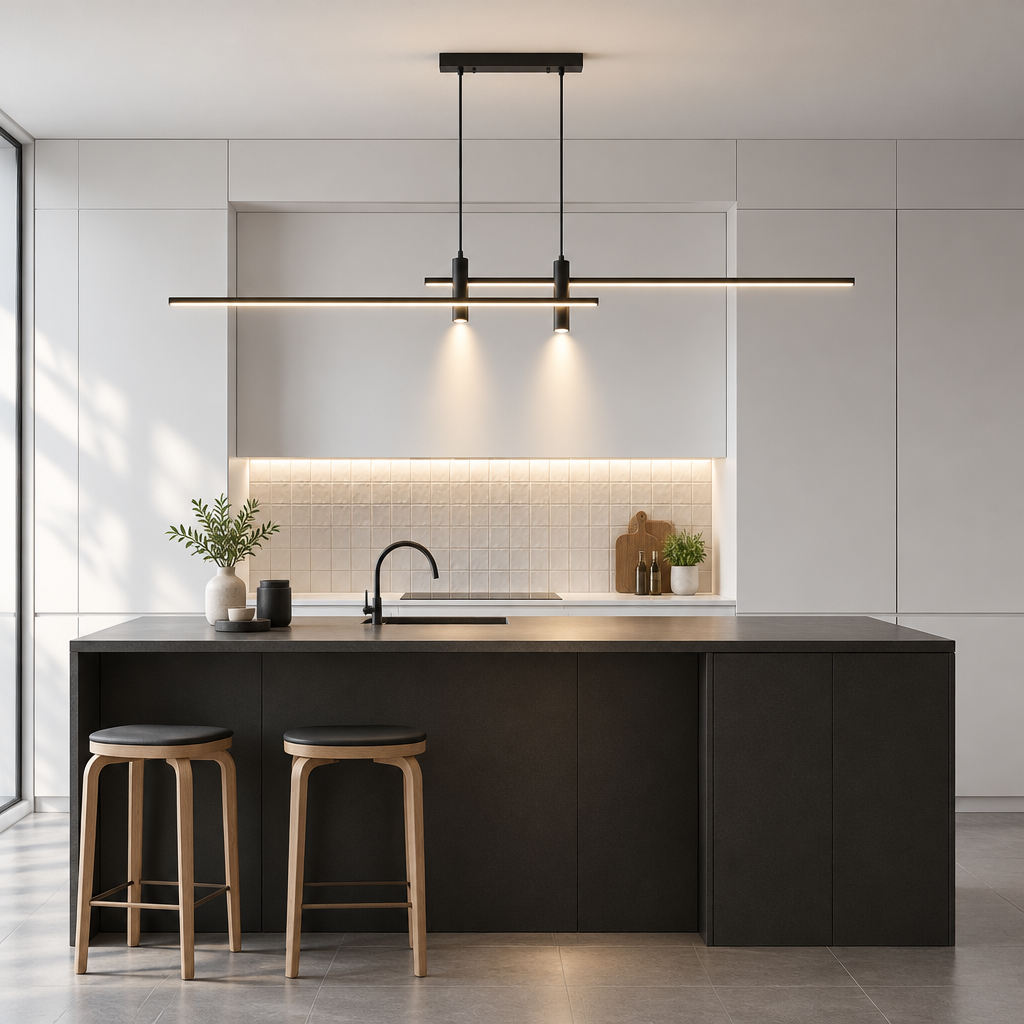 Black linear LED pendant light, 100cm, with two crossing light bars
