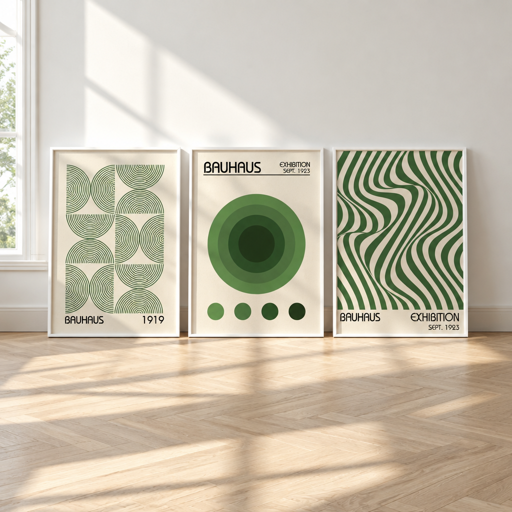 Three framed Bauhaus-style art prints in green and cream are displayed side by side on a light wood floor against a white wall, with natural sunlight streaming across the room.