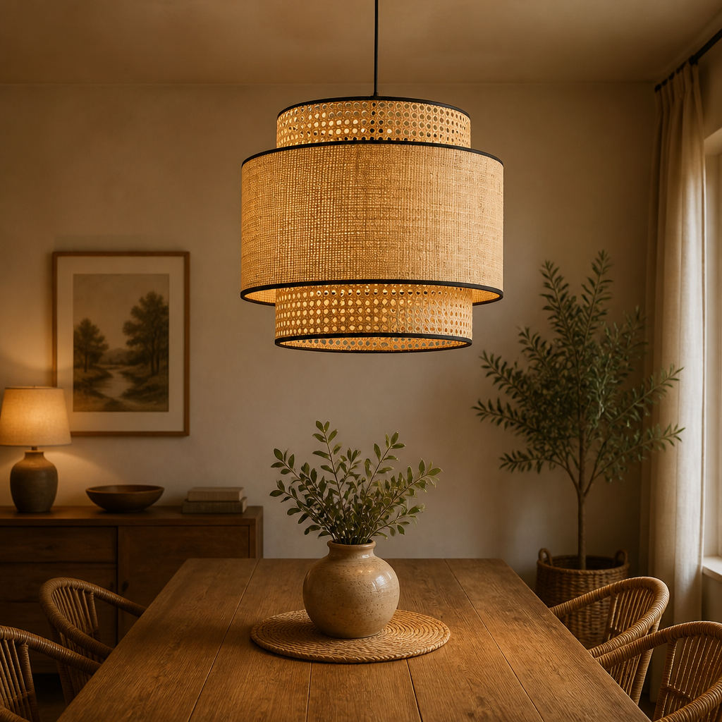 A two-tiered drum pendant light with a woven natural fiber shade and black metal trim, hanging over a wooden dining table in a warm, rustic room.