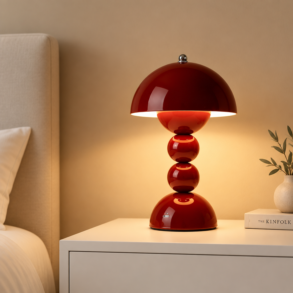 A glossy red table lamp with a dome-shaped shade and stacked spherical base, glowing warm light on a white bedside table next to a bed.