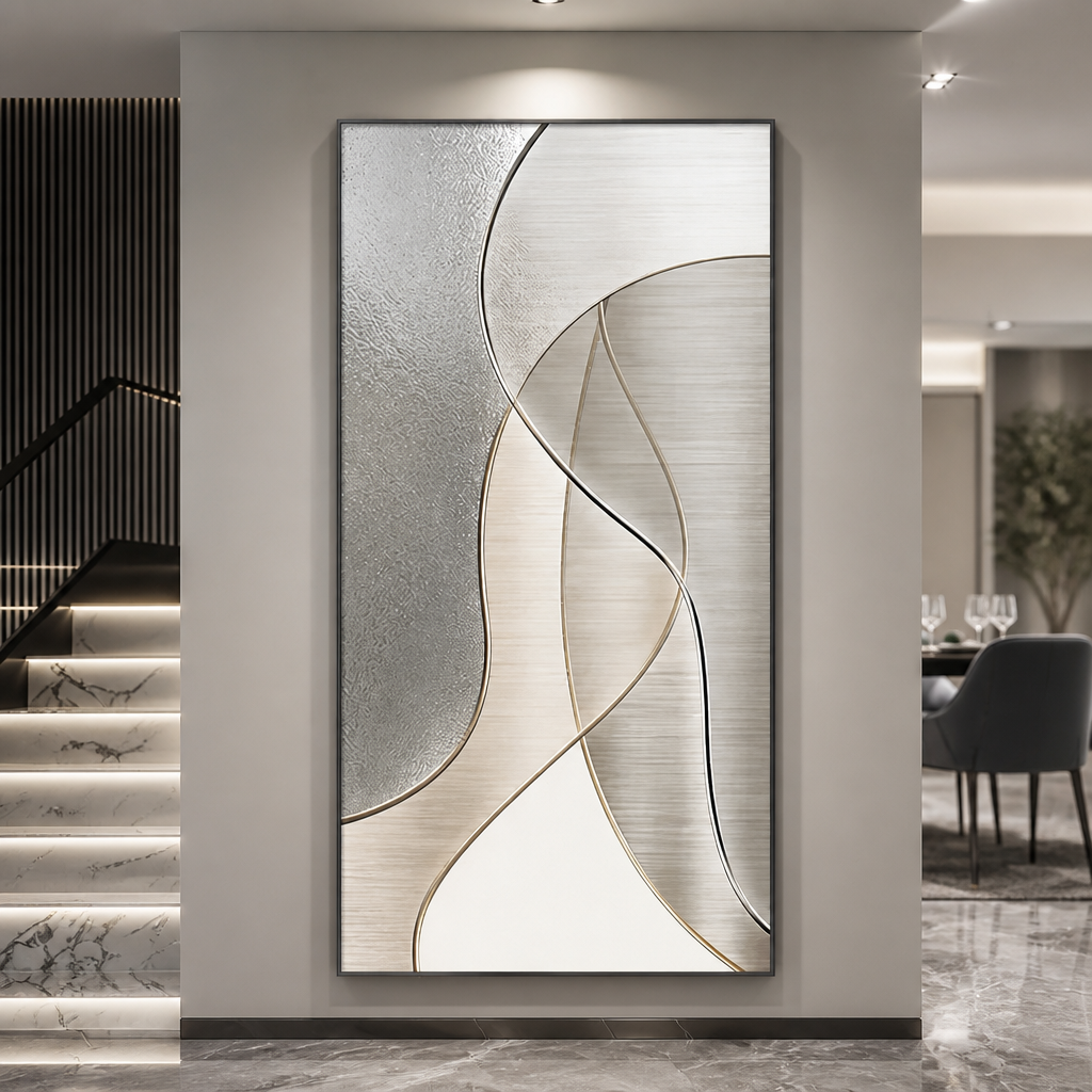Silver wave-pattern LED wall art beside a staircase