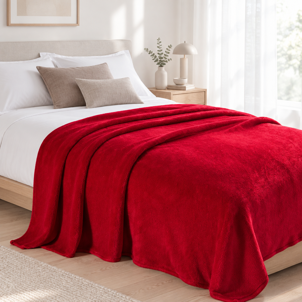 Red plush blanket spread over a bed with white and taupe pillows