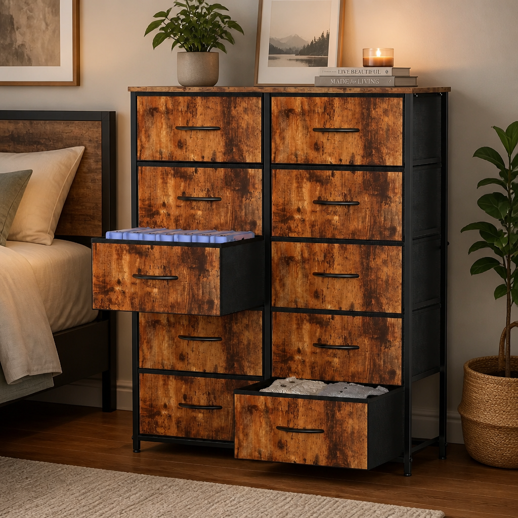 A tall storage dresser with a rustic brown wood-grain finish and black metal frame, shown in a bedroom setting with one drawer pulled open. The dresser has a wood-look top and multiple drawers with black handles.
