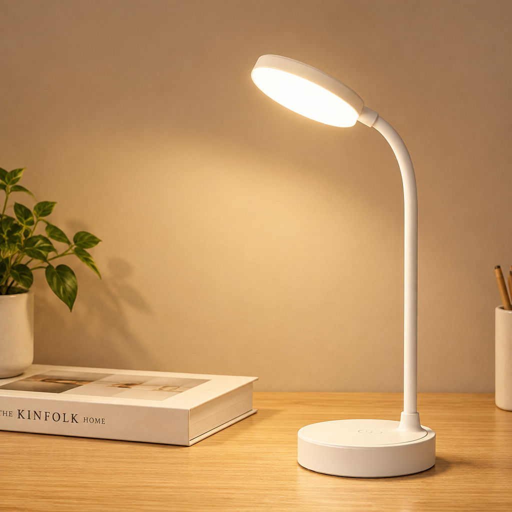 A modern white flexible desk lamp with a glowing illuminated head, placed on a wooden tabletop next to a potted plant and a book, against a warm beige wall.