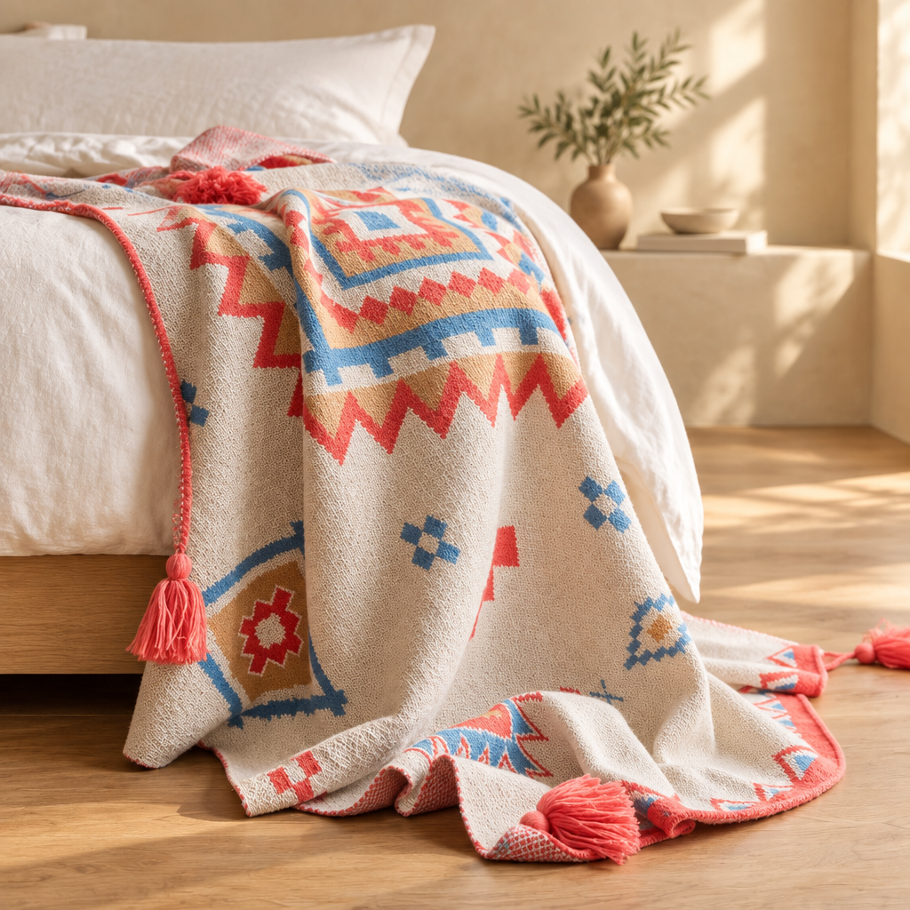 A woven throw blanket with a Southwestern geometric pattern in red, blue, and beige, draped over a bed in a warm, sunlit bedroom.
