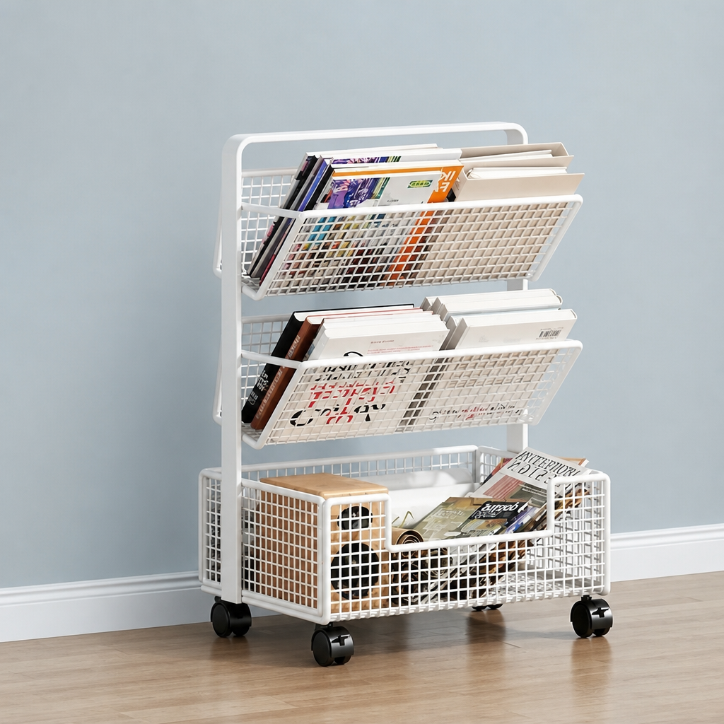 White 3-tier mesh book cart on wheels, 45cm