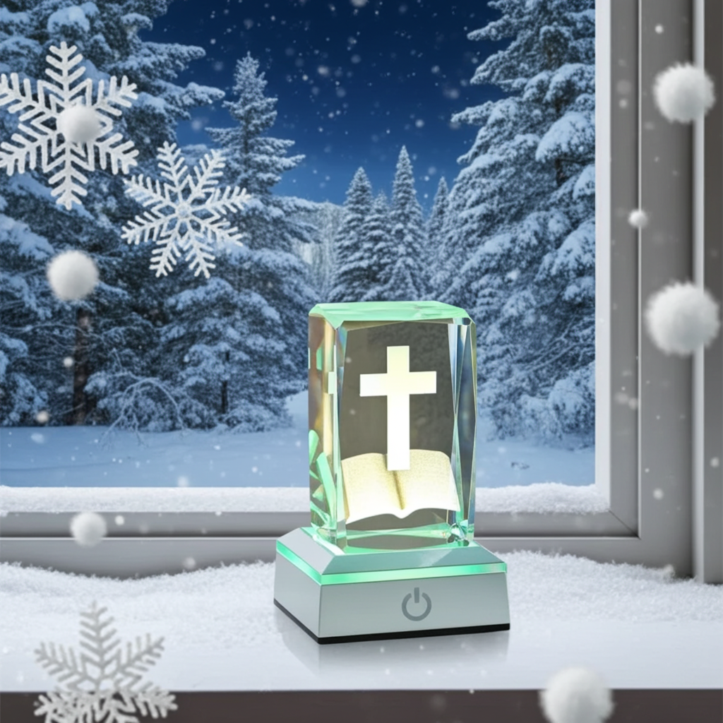 Decorative lamp with a cross on a snowy window background