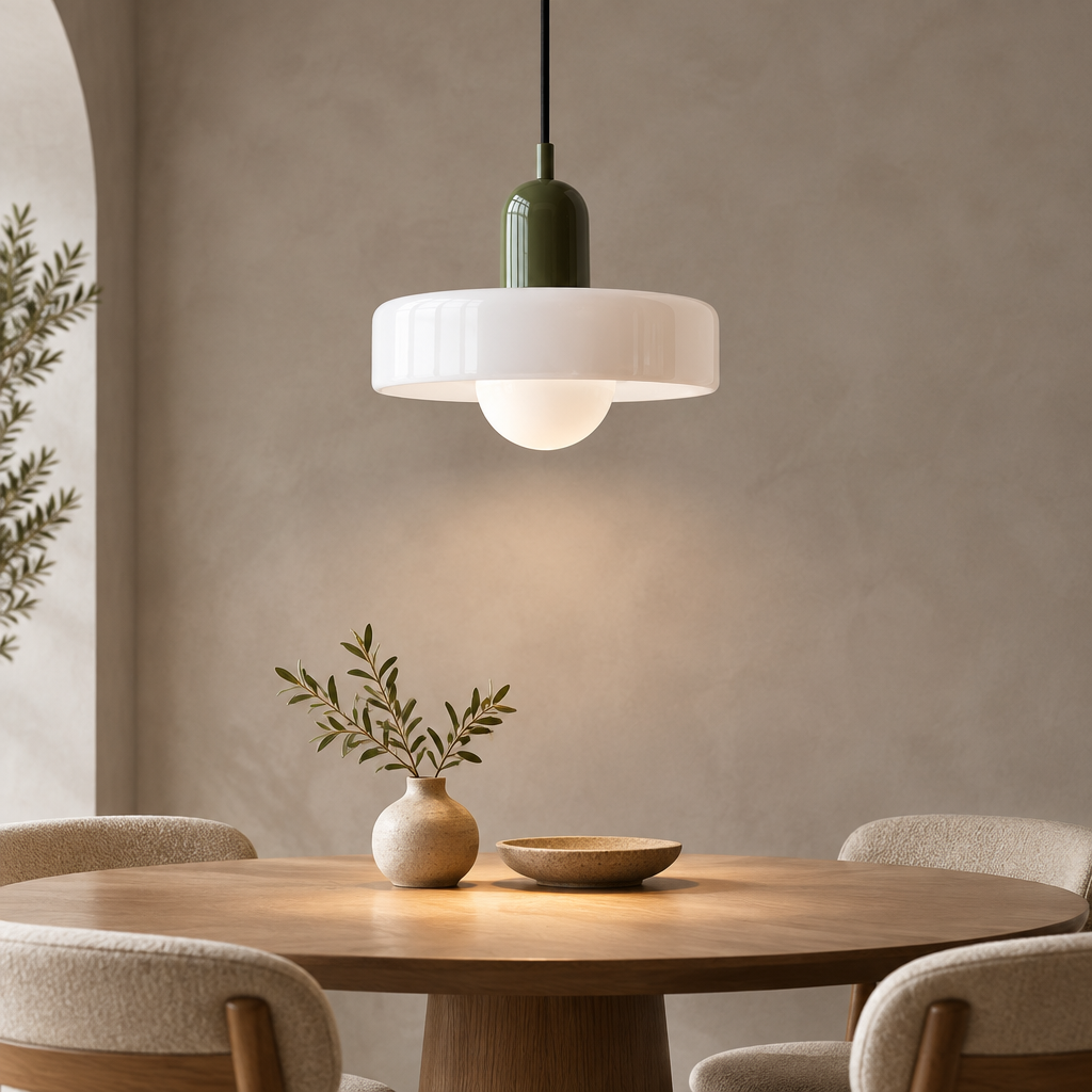 A modern pendant light with a white circular shade and a dark green cylindrical neck hangs over a round wooden dining table in a softly lit room with neutral walls and upholstered chairs.