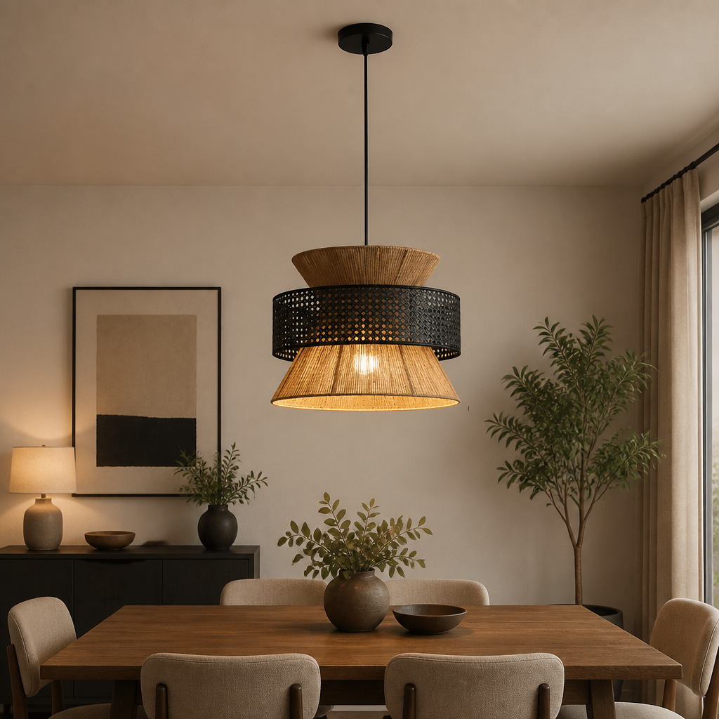 A modern pendant light with a woven straw shade and a black metal mesh middle band, hanging over a wooden dining table in a warm, neutral-toned dining room.