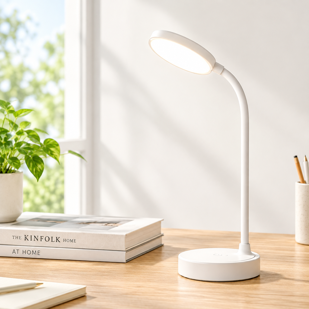 A white adjustable desk lamp with a circular base and curved neck stands on a wooden desk beside a potted plant and books in a bright indoor setting.