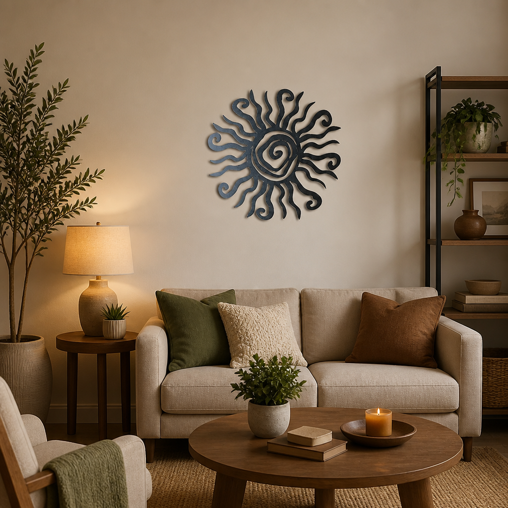 A dark blue sun-shaped metal wall art piece is mounted on a beige wall above a modern beige sofa in a styled living room setting.