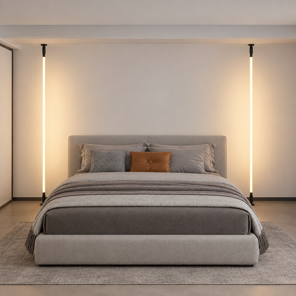 A modern upholstered bed in light gray fabric with grey and brown pillows, set in a minimalist bedroom with two vertical floor lamps on either side of a beige wall.