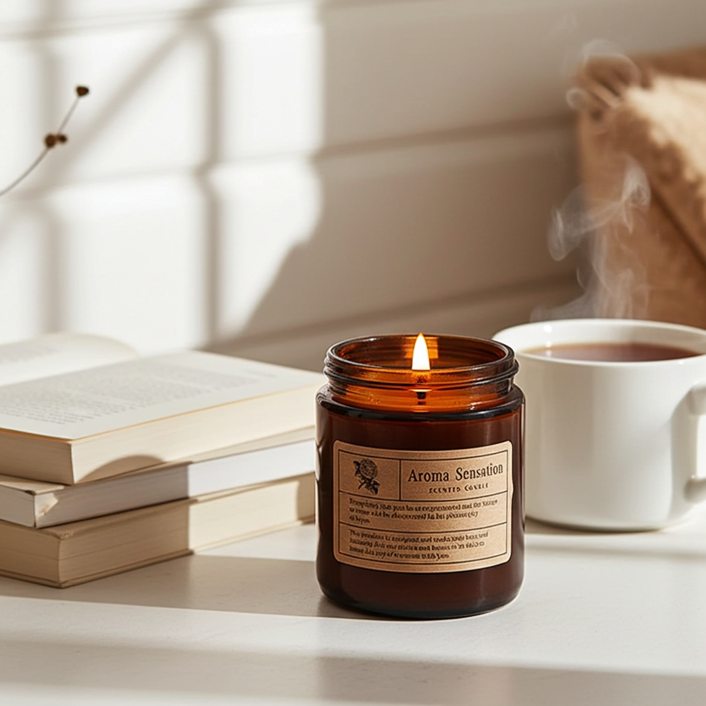 Aroma Sensations candle with a cup of tea and books on a table