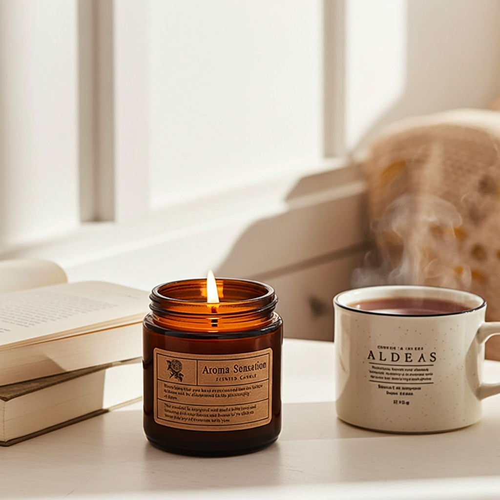 Candle in an amber jar and a cup of coffee on a table with a book in the background