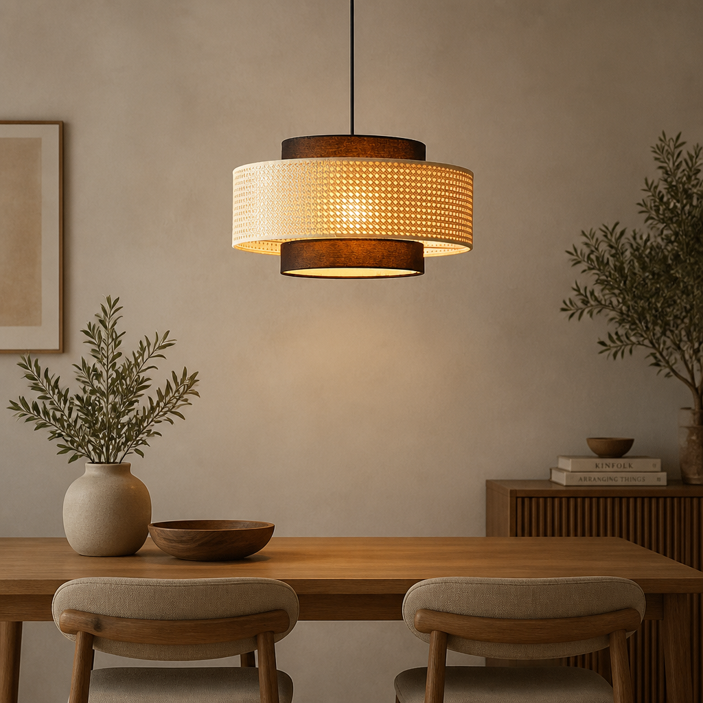 A modern two-tier pendant light with a woven beige shade and dark brown wood trim, hanging in a warm, minimalist dining room setting above a wooden table with chairs.