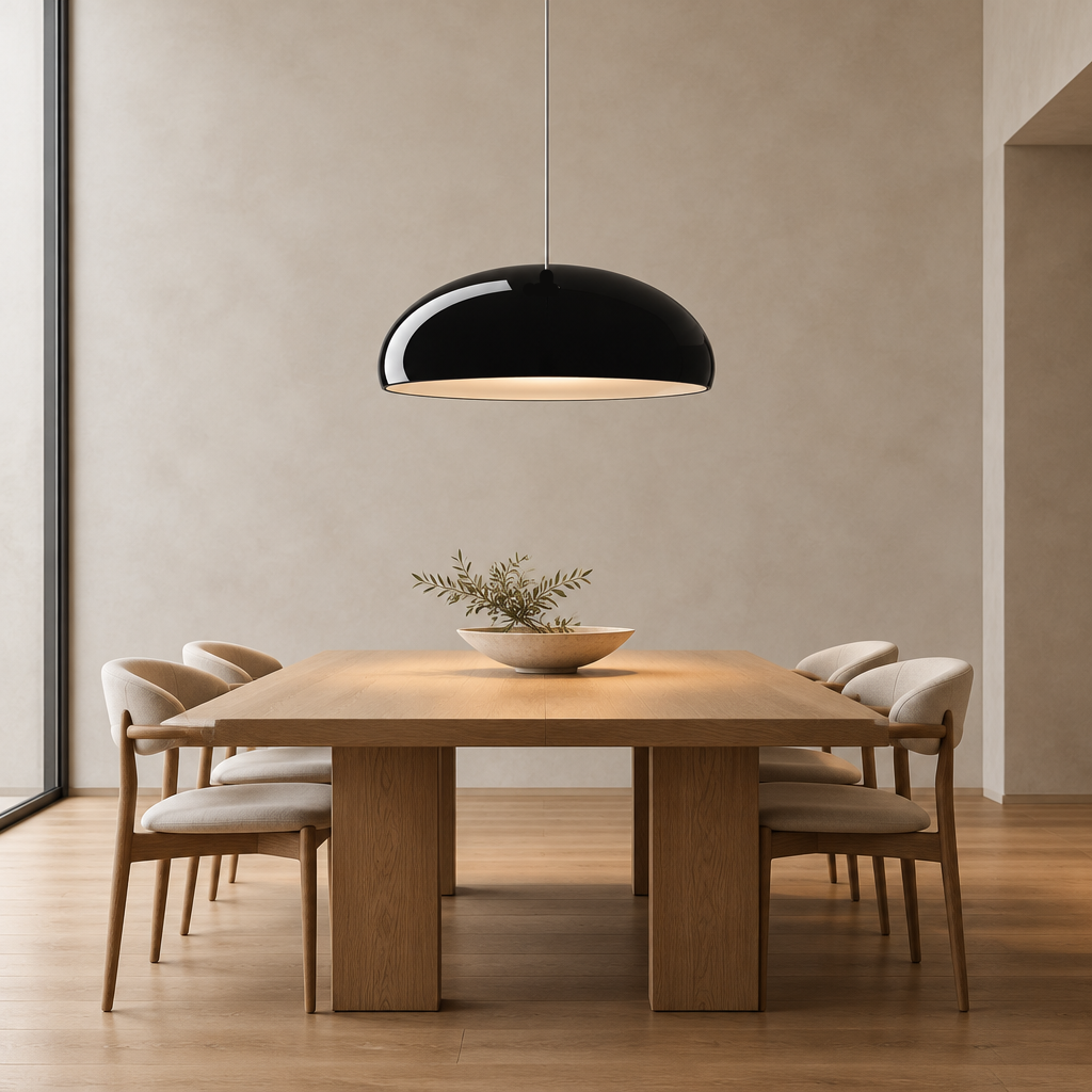 A modern dining room scene featuring a light oak wood dining table with six upholstered chairs, a black dome-shaped pendant light, and a small bowl of greenery on the table.