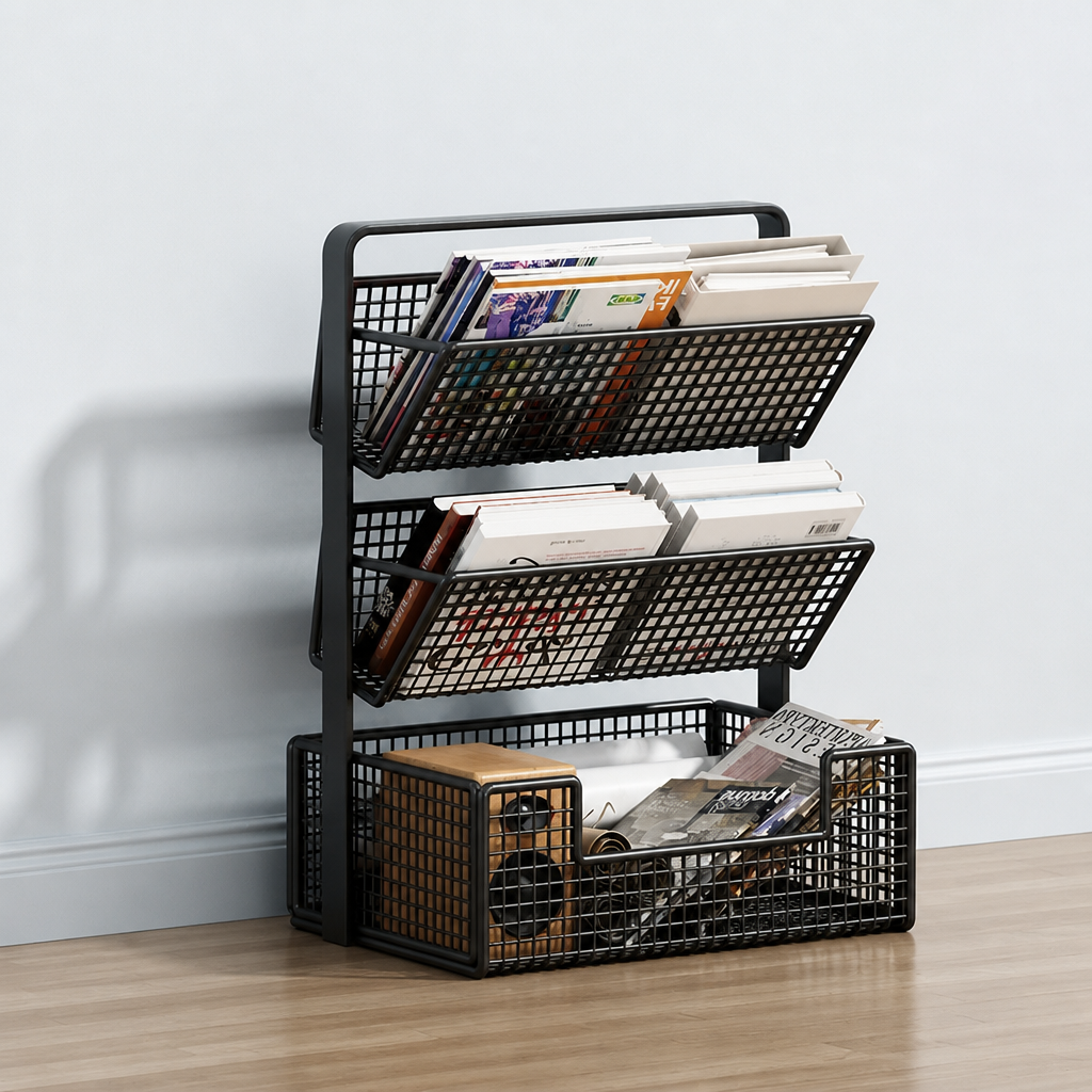 Black 3-tier mesh book cart, 45cm