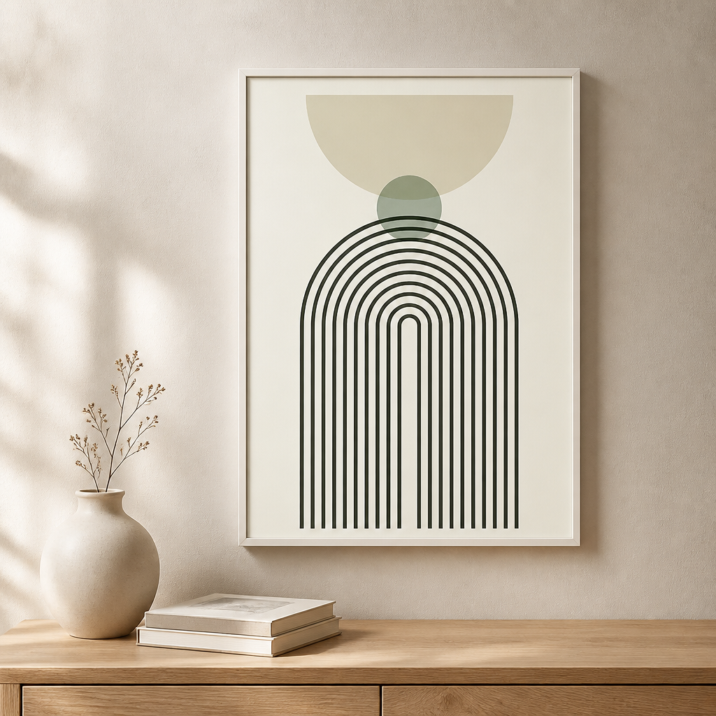 Minimal abstract canvas print with black arch lines, green circle, and beige half-circle detail.