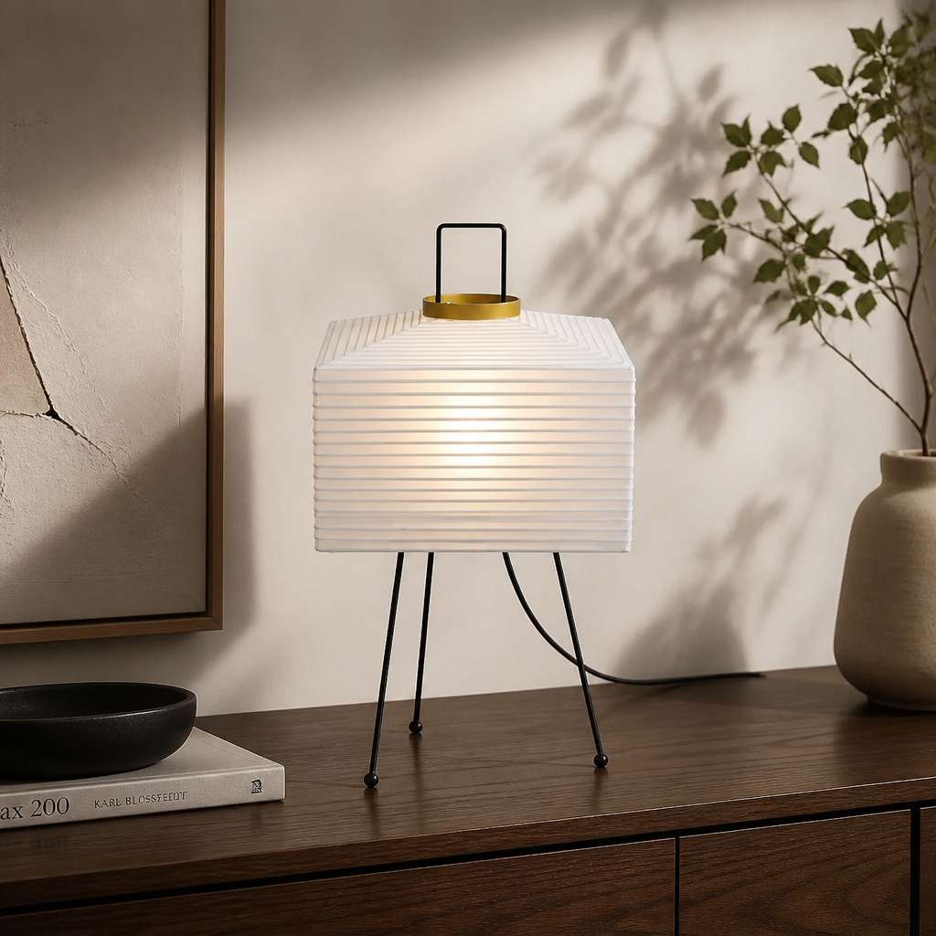 A modern table lamp with a white pleated rectangular shade, black tripod legs, and a gold top handle, glowing on a dark wood console table in a styled interior setting.