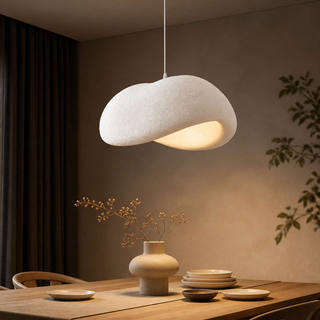 Medium white Wabi-Sabi pendant light with dimensions L50 × W34 × H23cm