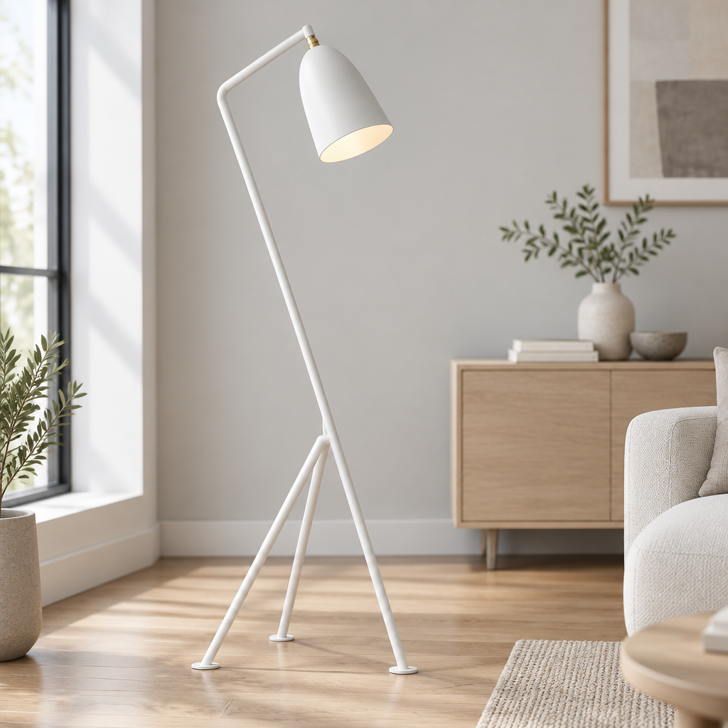 A modern white floor lamp with a tripod base and adjustable curved arm stands in a bright, contemporary living room next to a window, with a light wood cabinet and sofa in the background.