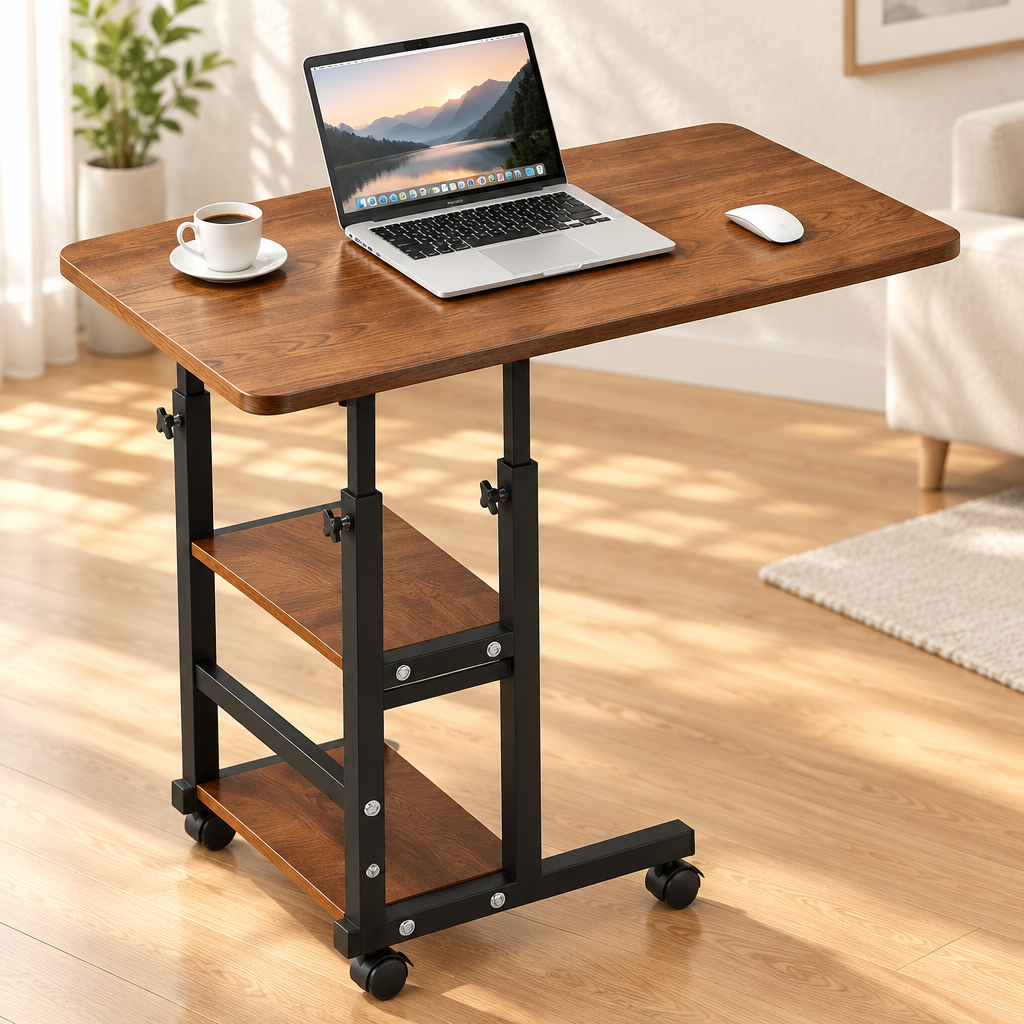 Walnut mobile desk with black frame, 60 × 40 cm, with laptop, mouse, and coffee on top.