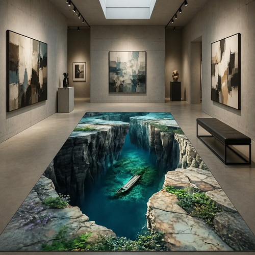A long rectangular floor mat or rug with a vivid 3D canyon-and-water print is displayed in a modern gallery space. The artwork shows deep blue water, rocky cliffs, green vegetation, and a small boat, while the surrounding room has neutral walls, framed abstract paintings, and a bench.