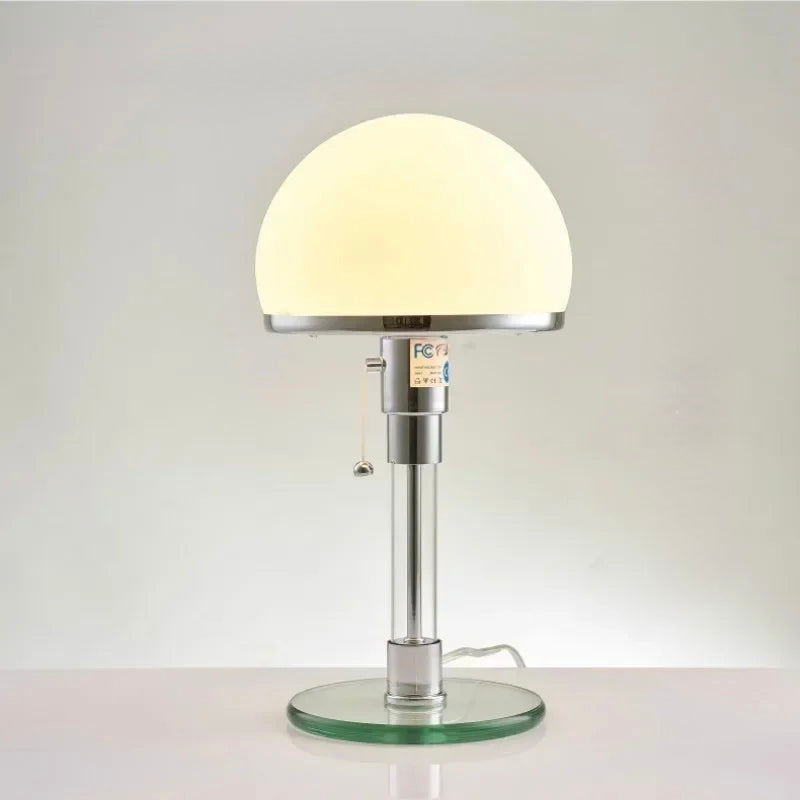 Bauhaus chrome table lamp with frosted glass dome shade and glass base