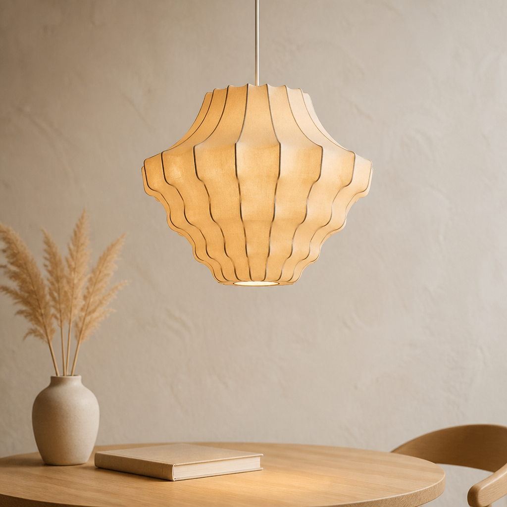 Warm cream wabi sabi ceiling shade with a sculpted lantern silhouette hanging above a round wooden table