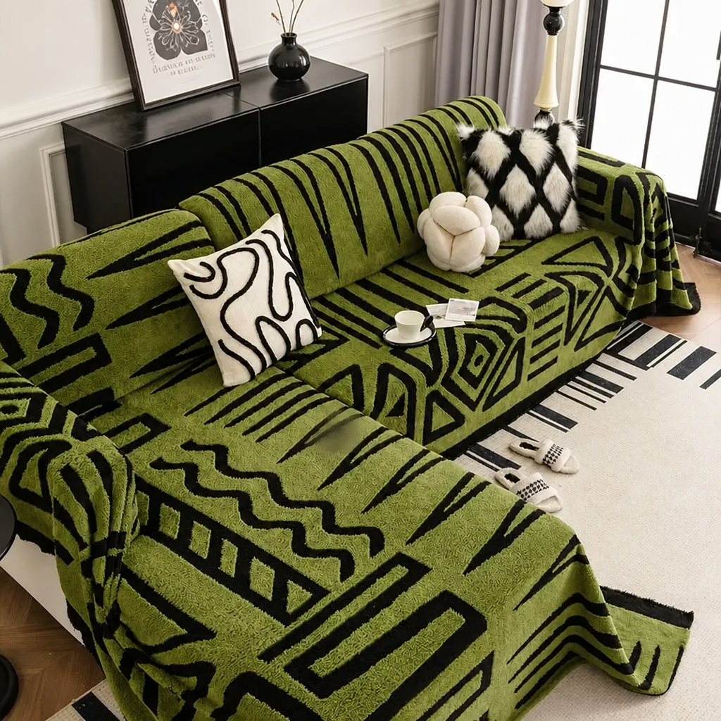 Olive green tribal print sofa cover on L-shaped couch with cushions