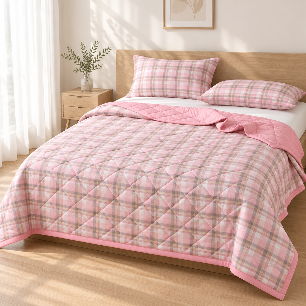 Blush pink plaid quilted comforter with grey and yellow lines and a pink border on a bed