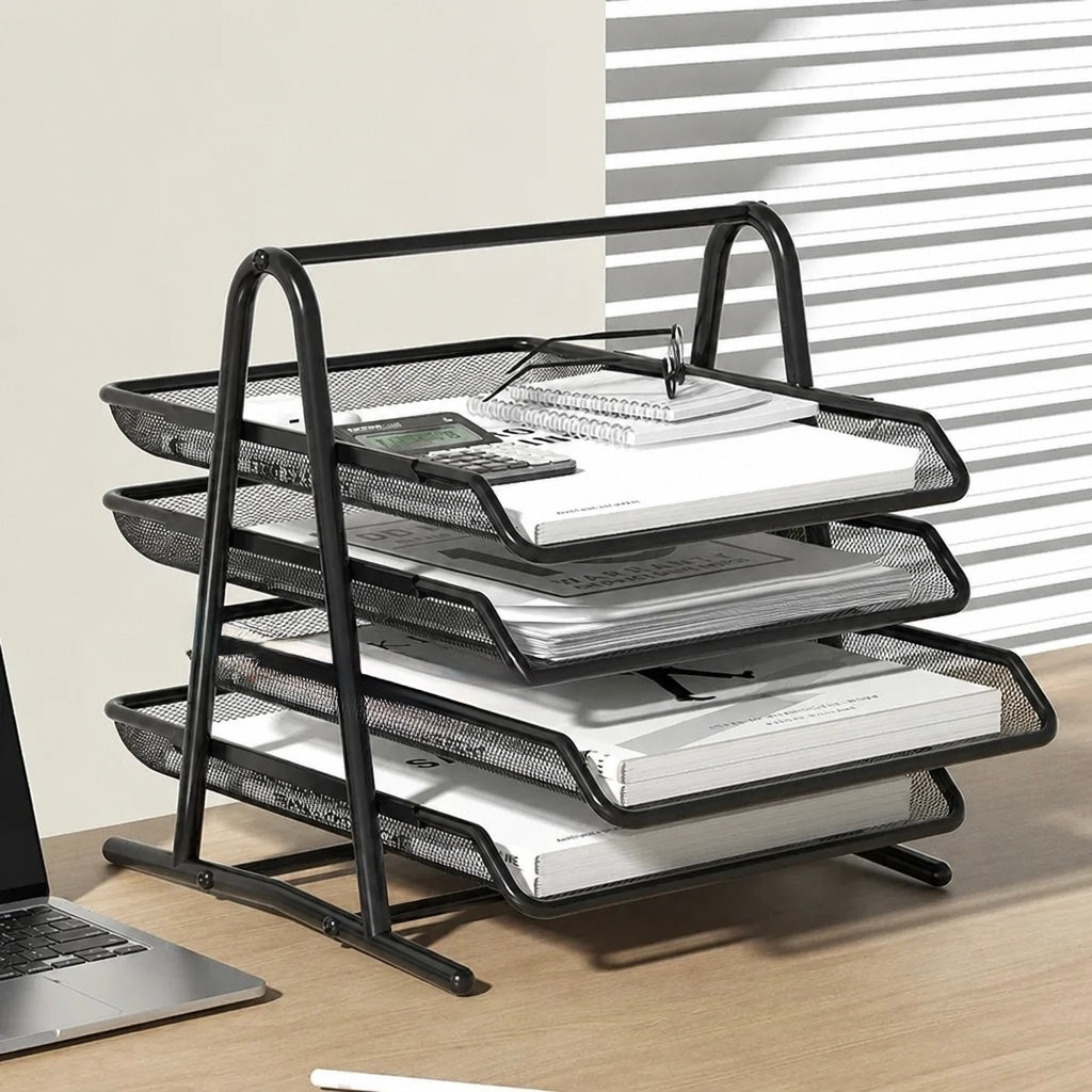 Black 4-tier metal document tray with open mesh shelves and size measurements.