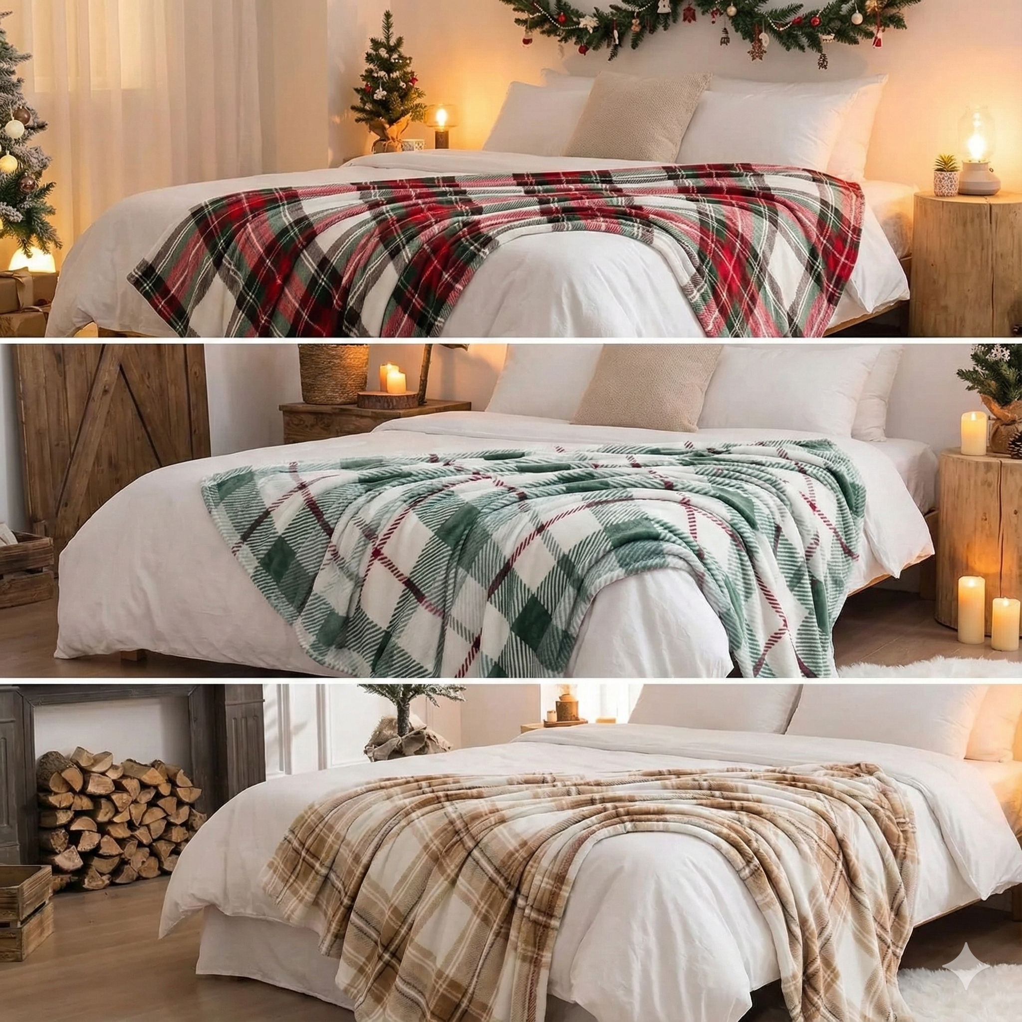 Three different plaid blankets on a bed with festive decorations.