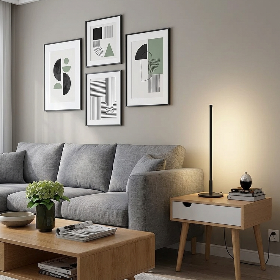 Slim Rod 47cm — Minimal slim rod LED floor lamp with narrow vertical design and round base, 47cm high.