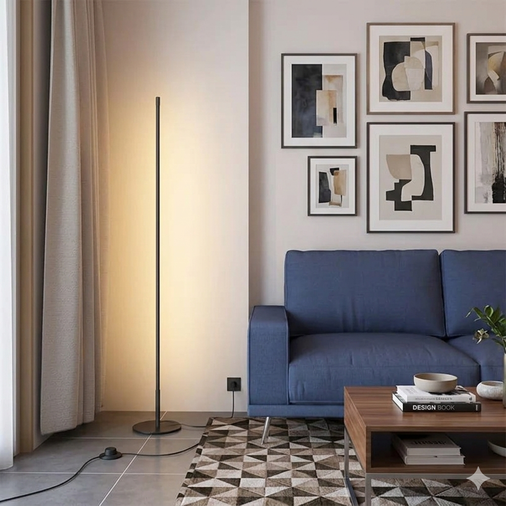 Straight Light 90cm — Medium-height straight LED floor lamp with a warm-lit bar and a round base, 90cm high.