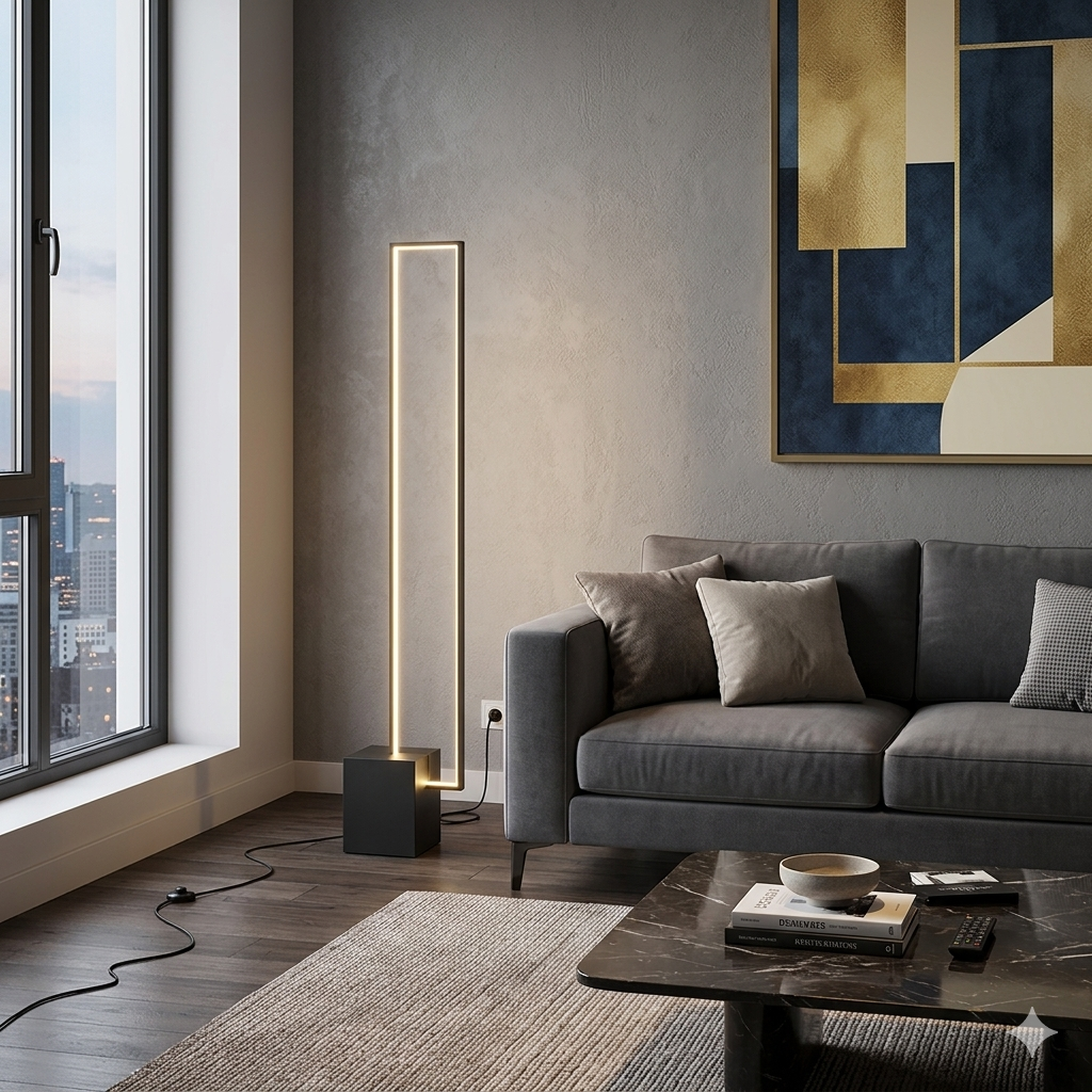 Rectangle Frame 160cm — Tall rectangular frame LED floor lamp with illuminated outline and black block base, 160cm high.