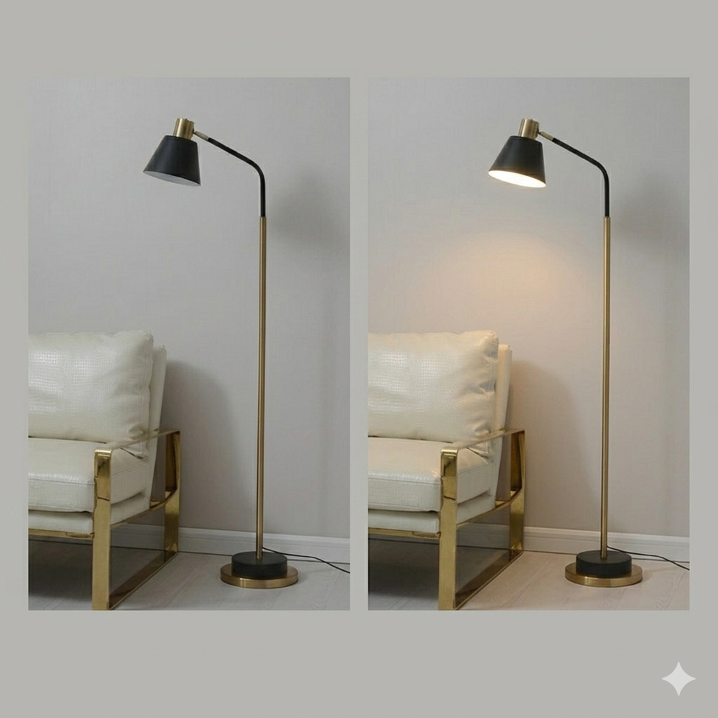 Black Nordic Floor Lamp — Black Nordic-style metal floor lamp with gold-tone stem, angled shade, and round base, shown beside a dark accent chair.