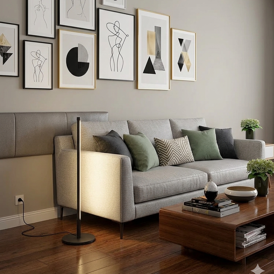 Slim Rod 47cm — Minimal slim rod LED floor lamp with narrow vertical design and round base, 47cm high.