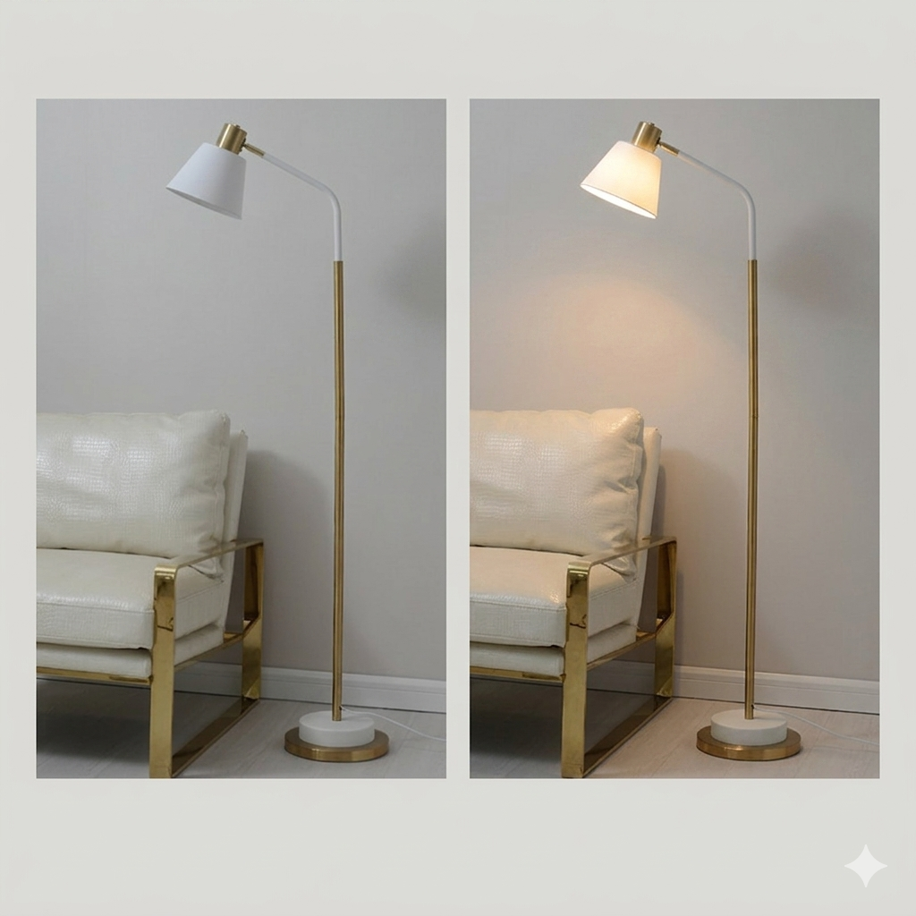 White Nordic Floor Lamp — White Nordic-style metal floor lamp with gold-tone stem, angled shade, and round base, shown beside a living room chair.