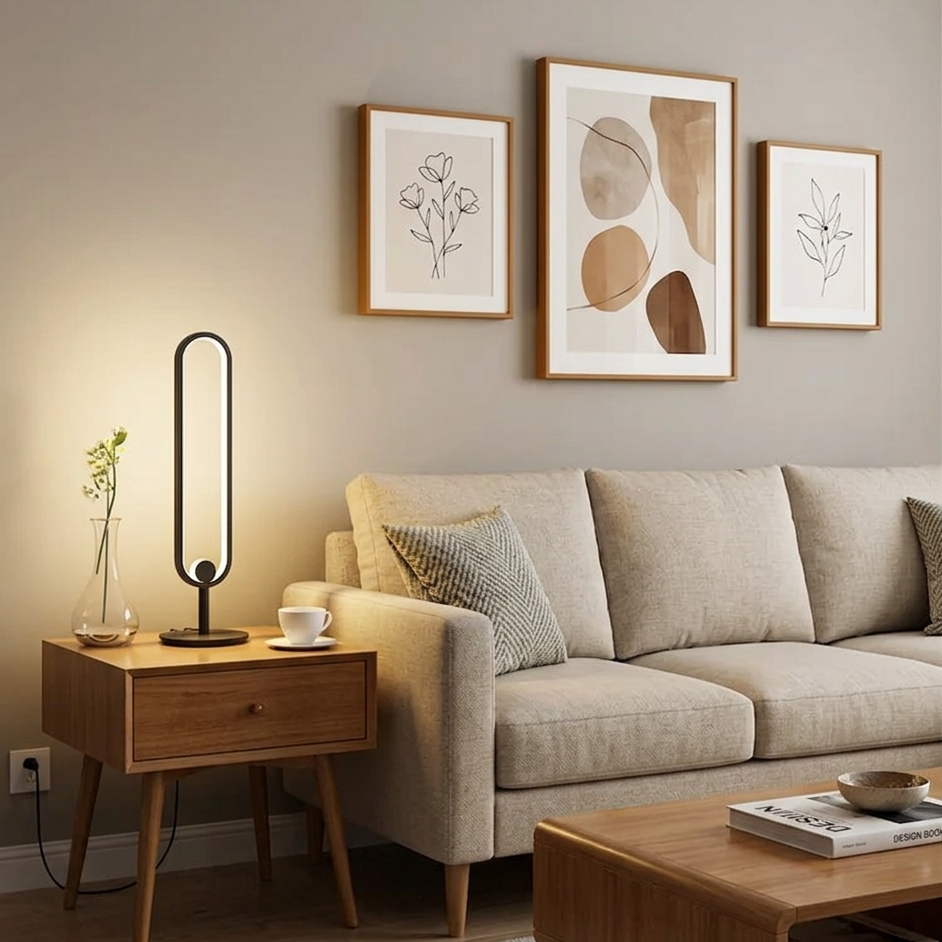 Oval Loop 52cm — Compact oval loop LED floor lamp with black frame and round base, 52cm high.
