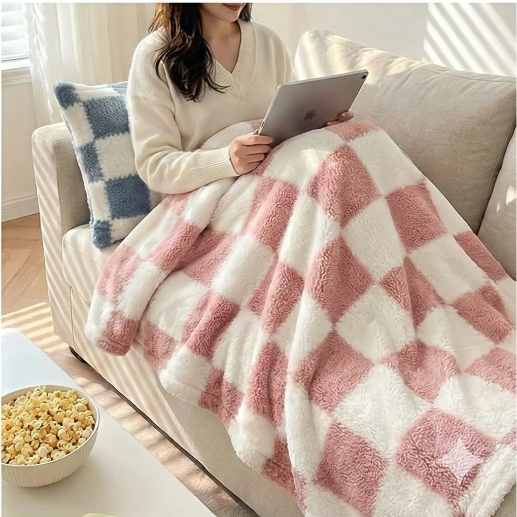 Checkered blanket and pillow on a sofa.