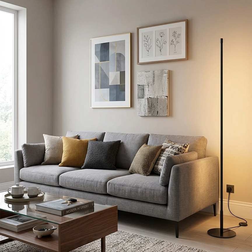 Straight Light 150cm — Tall slim LED floor lamp with straight illuminated bar, round base, and 150cm height.