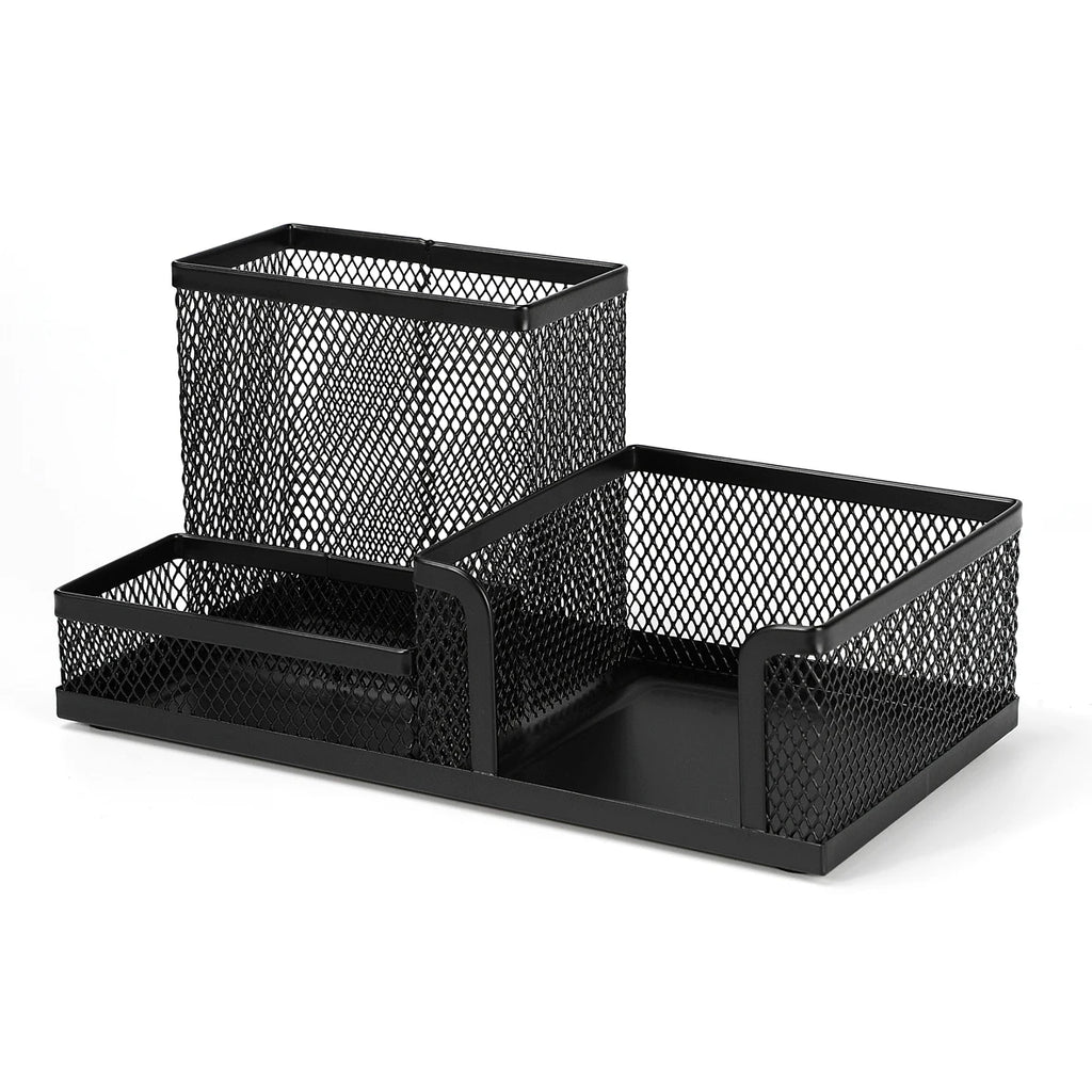 Black mesh desk organizer with two compartments on a white background