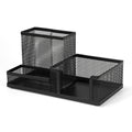 Black mesh desk organizer with two compartments on a white background