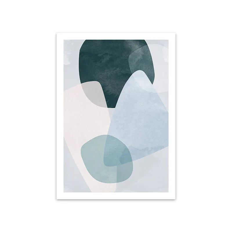 Abstract canvas print with layered soft blue, grey, and deep green organic shapes