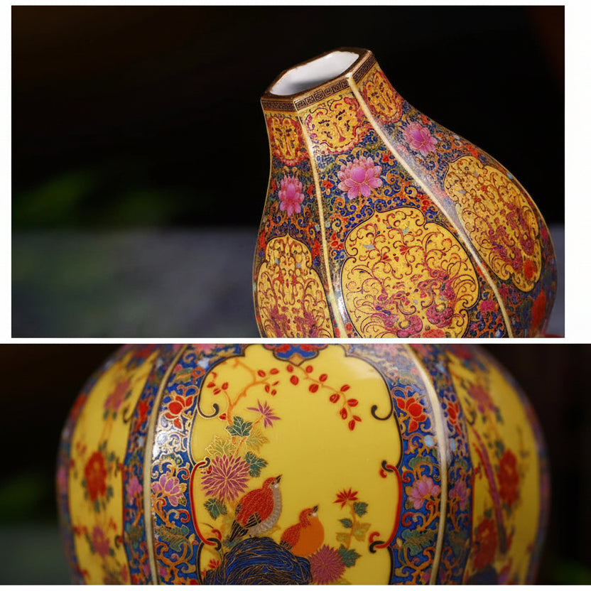 Colourful ceramic vase with intricate designs and text on a dark background