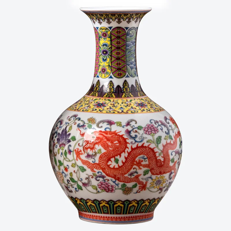 Flared-neck ceramic vase with a red dragon motif and yellow floral background.