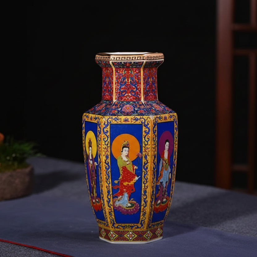 Decorative vase with intricate designs on a dark background