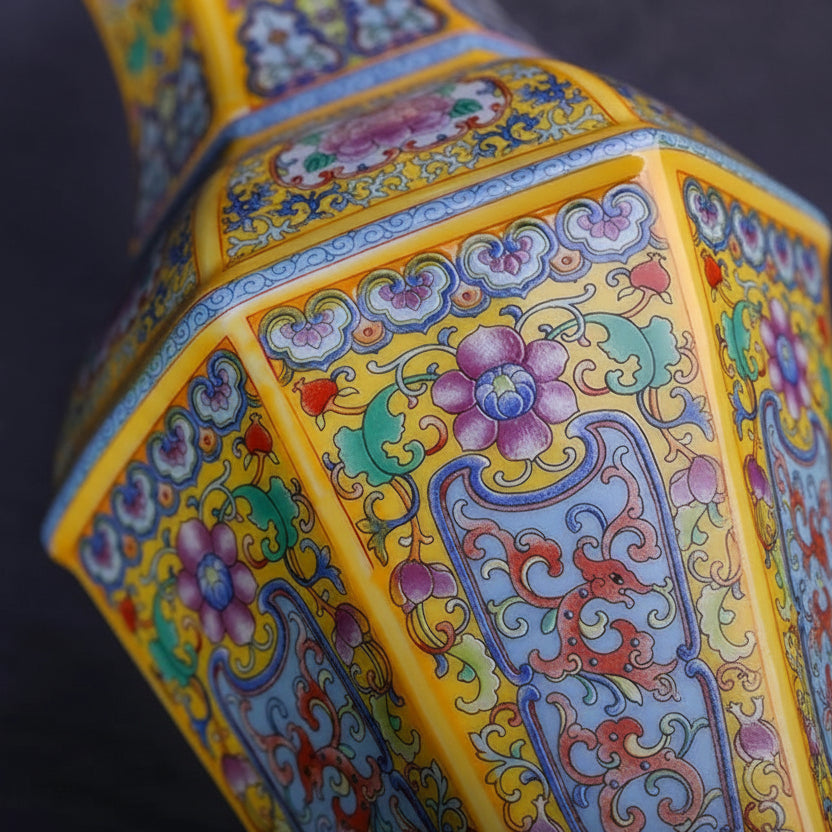 Colourful decorative vase with intricate patterns on a dark background