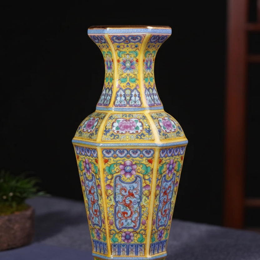 Colourful hexagonal vase with intricate patterns on a dark background